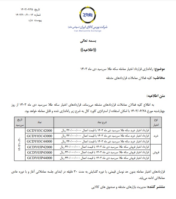 از چهارشنبه: راه‌اندازی قرارداد اختیار معامله سکه طلا سررسید دی ماه